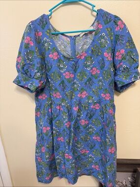 LOFT Blue Floral Midi Dress with Pink and Green Accents